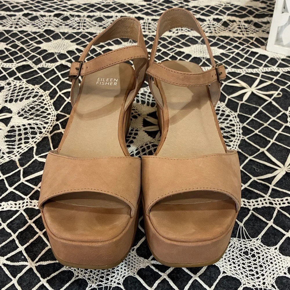 Eileen Fisher Mime Nubuck Leather Tan Platform Wedge Sandals, 9 - Picture 2 of 7